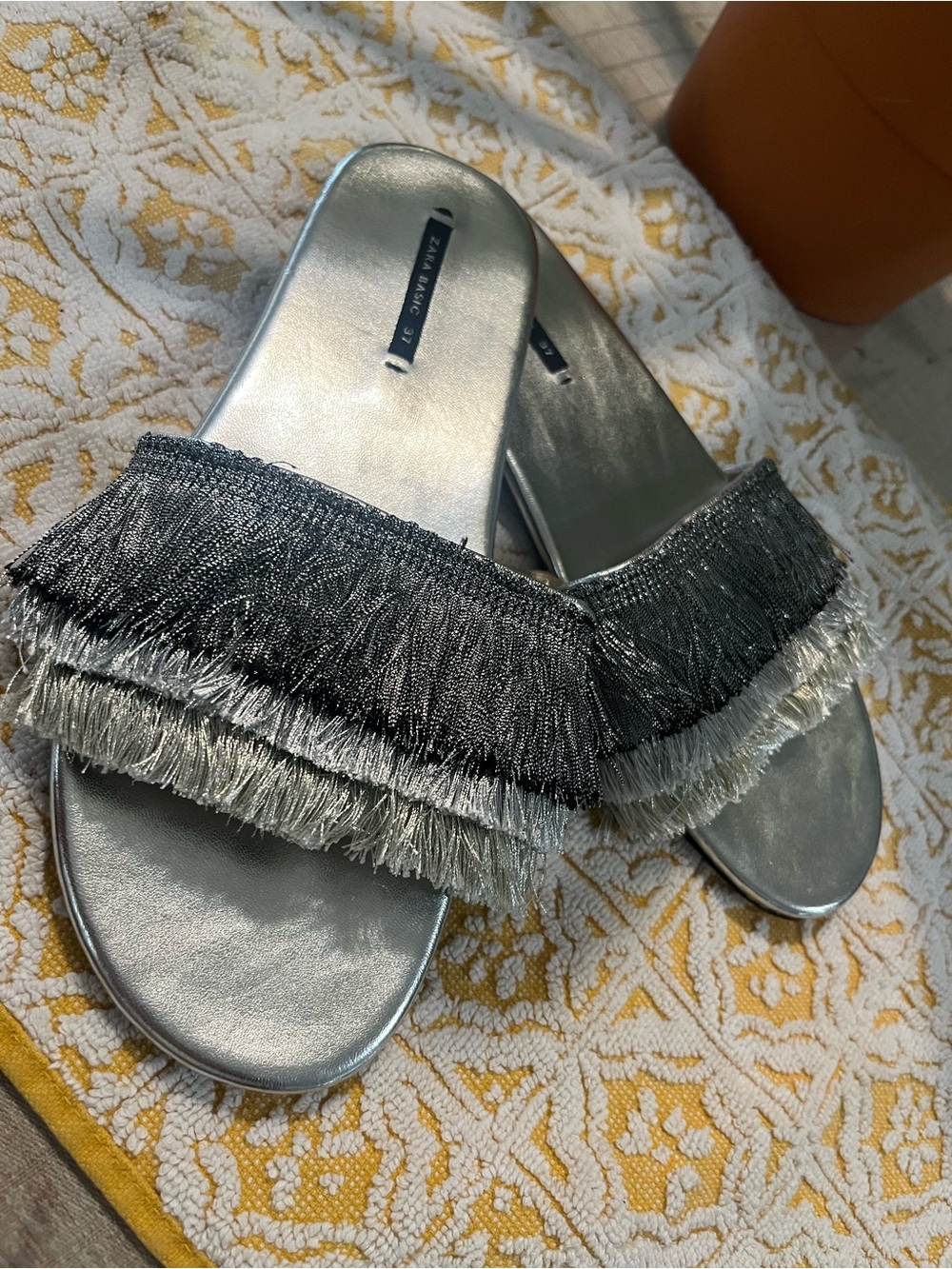 Zara Basic Metallic Fringe Summer Slide Sandals 37 - Picture 2 of 8